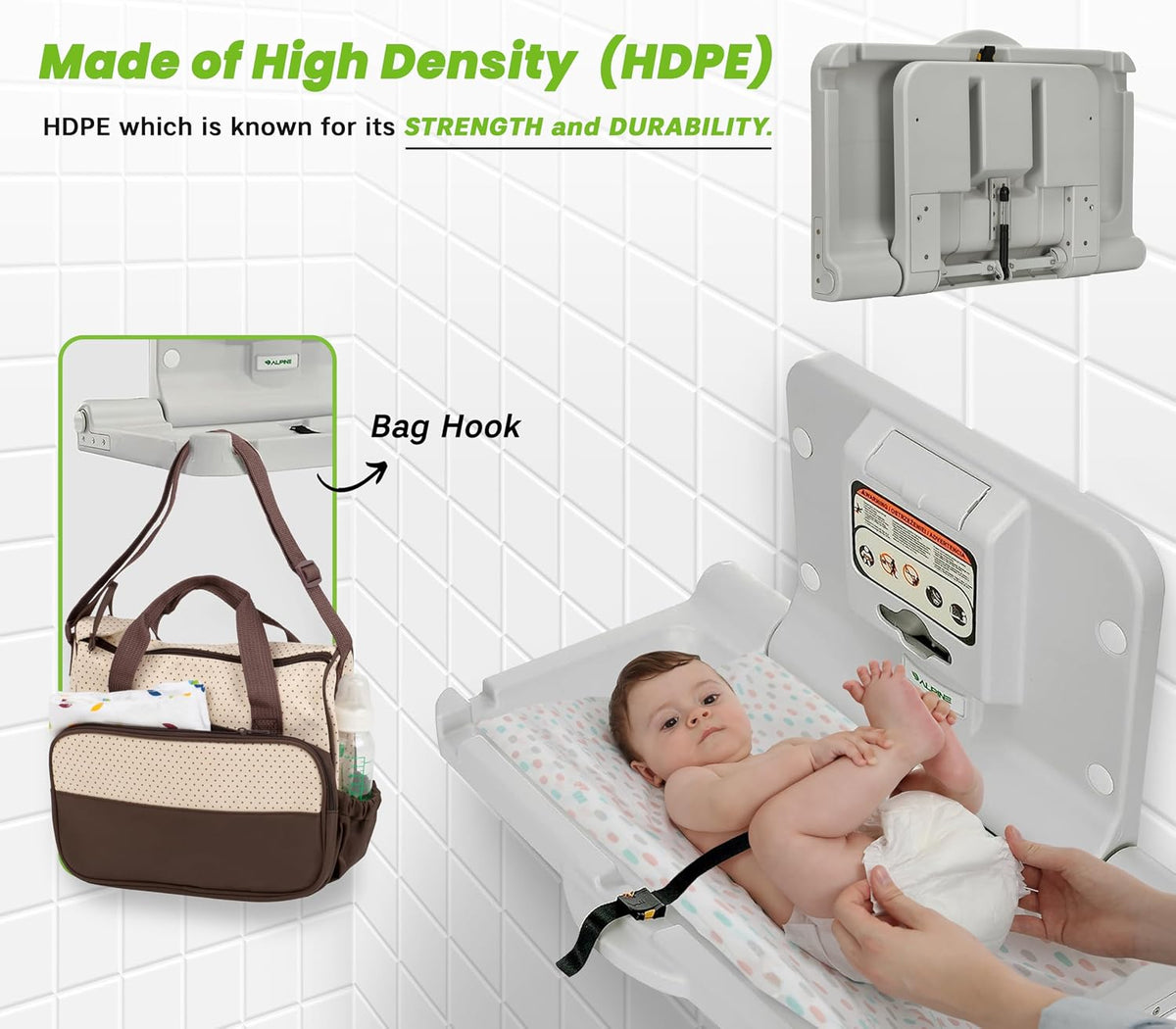 Alpine Wall Mounted Baby Changing Station - Horizontal Baby Changing Table Foldable Diaper Tables with Safety Strap for Commercial Bathroom, ADA Complaint (Hardware Included) White Gray