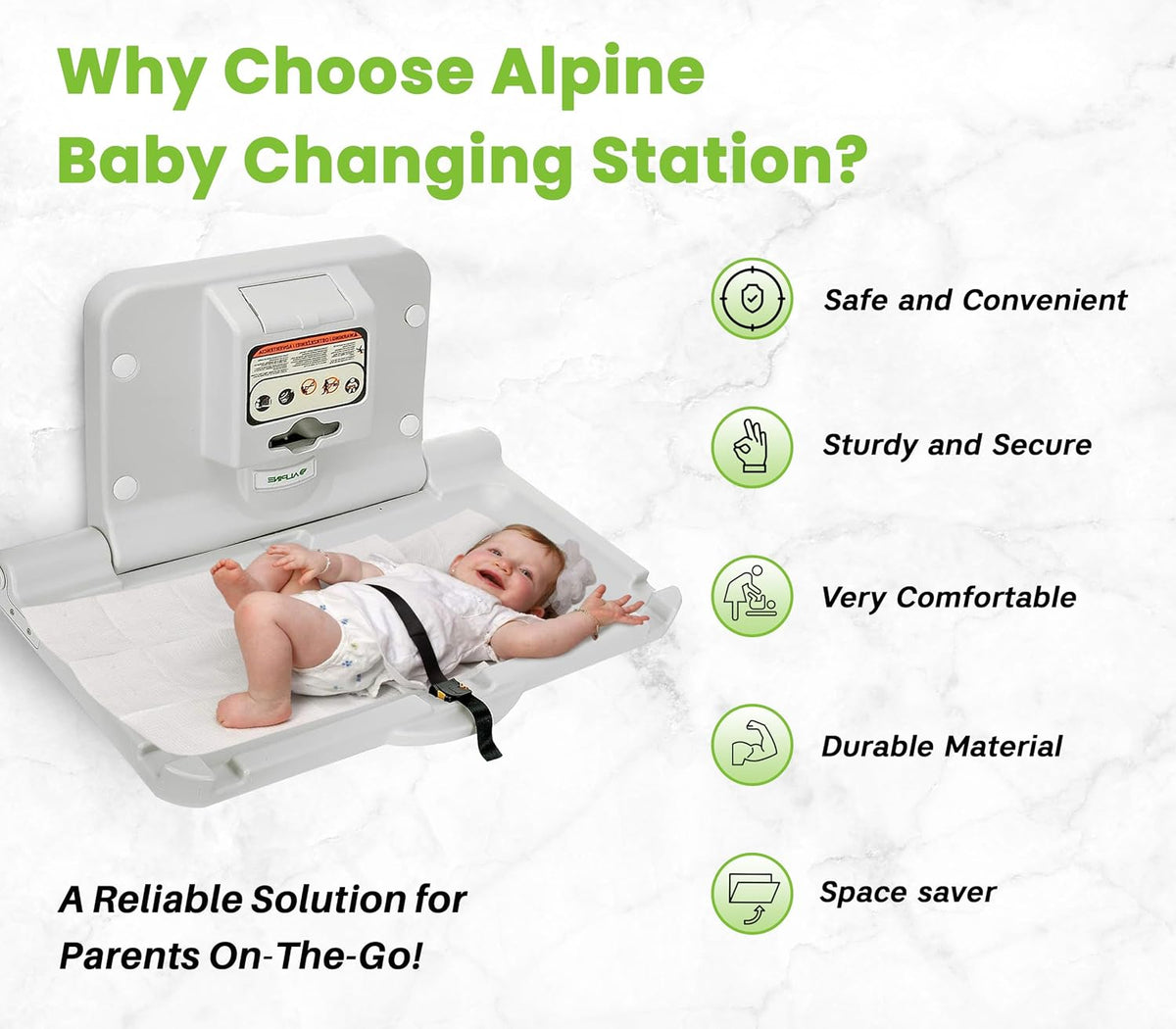 Alpine Wall Mounted Baby Changing Station - Horizontal Baby Changing Table Foldable Diaper Tables with Safety Strap for Commercial Bathroom, ADA Complaint (Hardware Included) White Gray