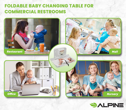 Alpine Wall Mounted Baby Changing Station - Horizontal Baby Changing Table Foldable Diaper Tables with Safety Strap for Commercial Bathroom, ADA Complaint (Hardware Included) White Gray