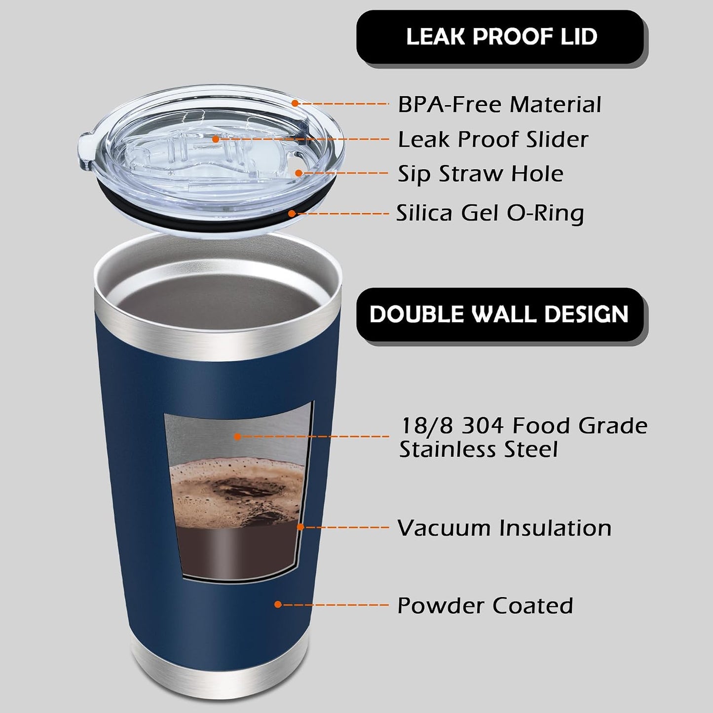 20oz Tumbler with Lid Stainless Steel Tumblers Insulated Mug Navy 1P