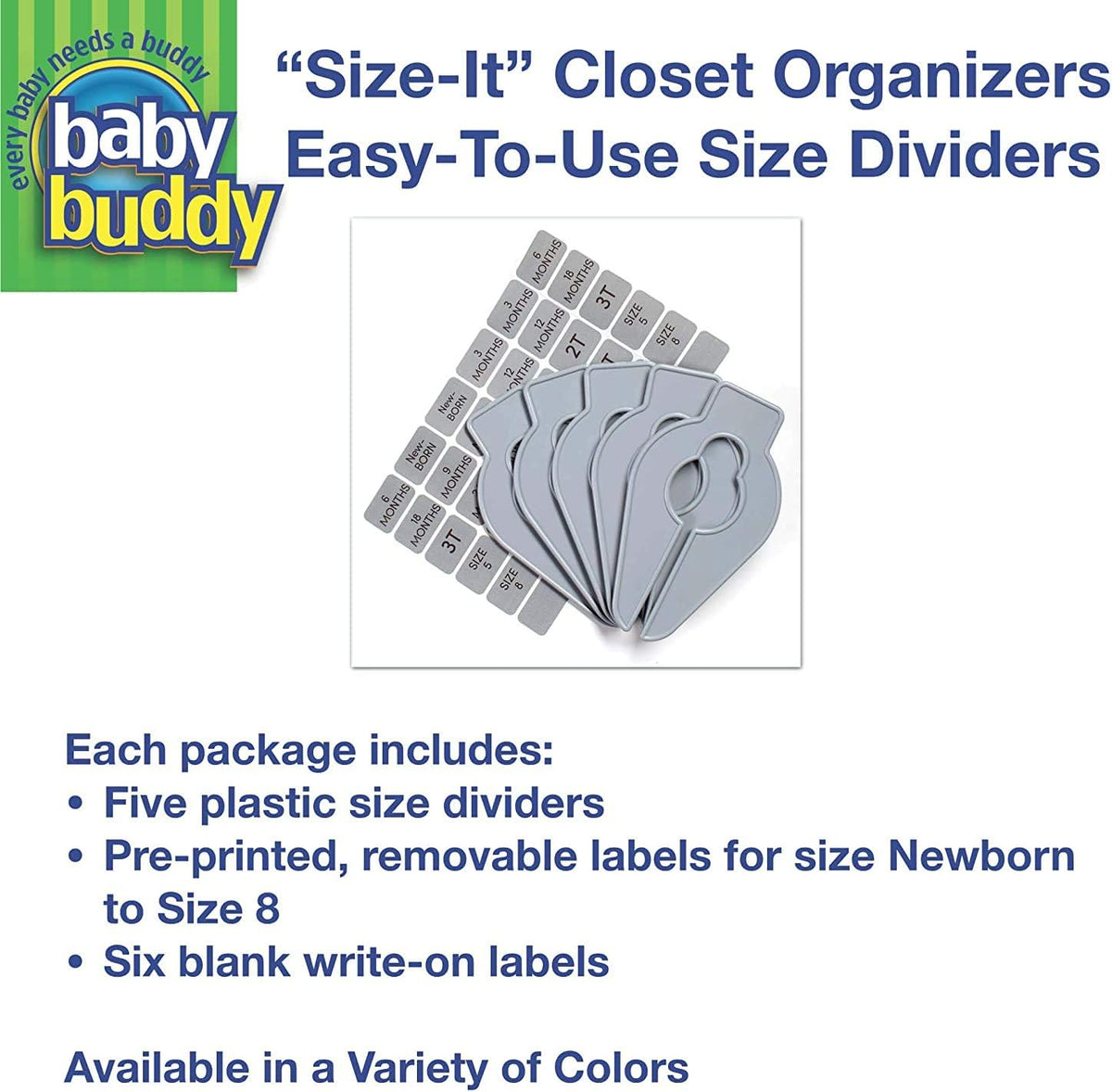 Size-It Closet Organizers - Baby Clothes Closet Dividers Nursery Clothing Organization for Babies and Kids, Newborn Up to Size 8, Clothes Divider for Closet, Gray, 5 Count