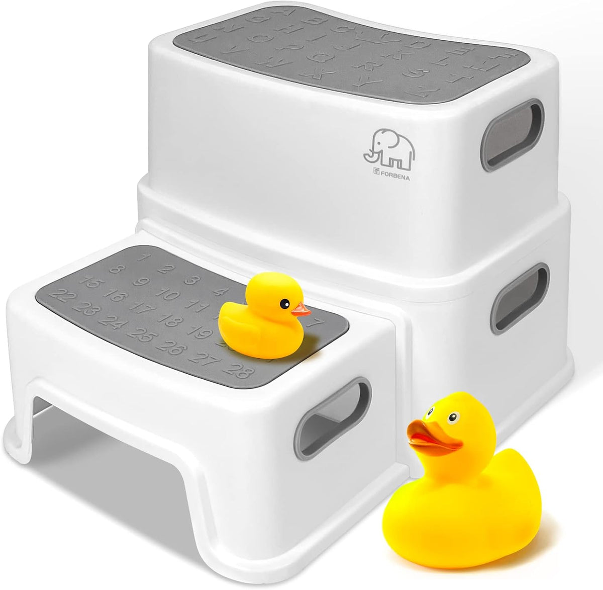 Toddler Step Stool for Bathroom Sink, 2 Step Stool for Kids Toilet Potty Training, Non-Slip Toddlers Baby Child Kid Plastic Poop Stools with Handle for Kitchen Counter Bed (White-Grey)