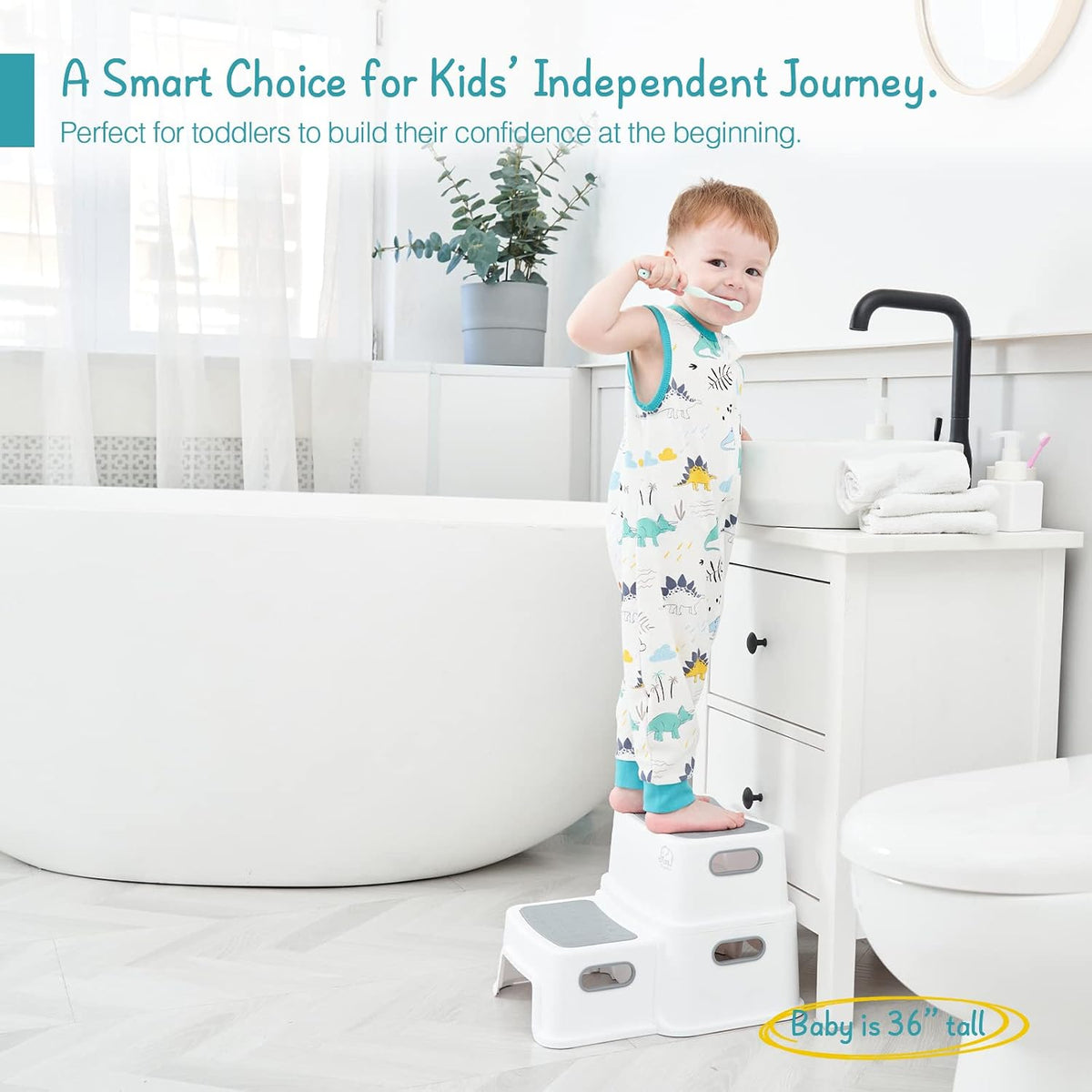 Toddler Step Stool for Bathroom Sink, 2 Step Stool for Kids Toilet Potty Training, Non-Slip Toddlers Baby Child Kid Plastic Poop Stools with Handle for Kitchen Counter Bed (White-Grey)