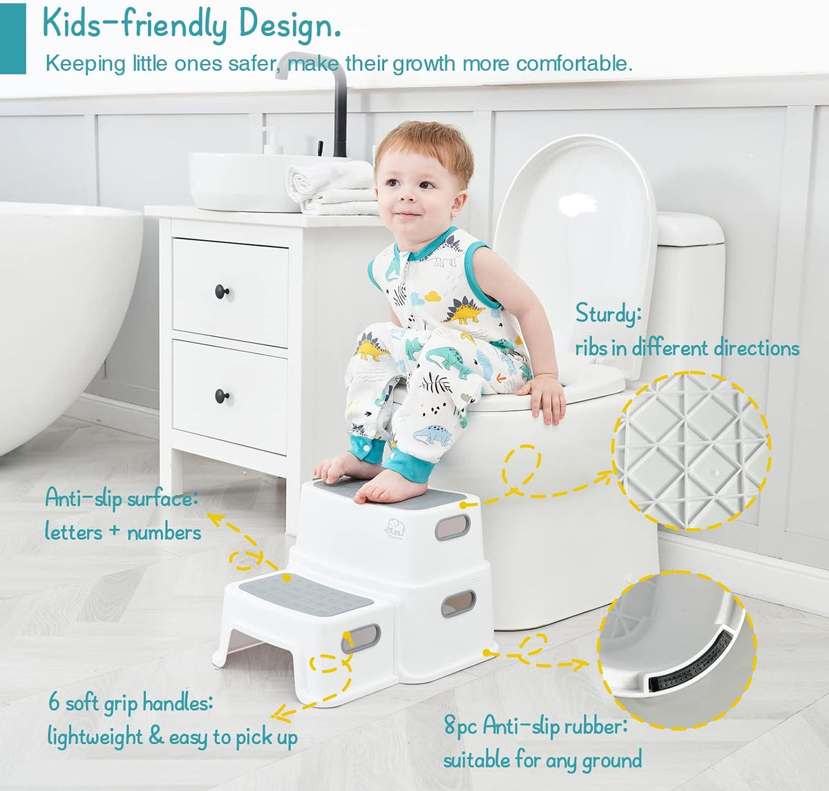 Toddler Step Stool for Bathroom Sink, 2 Step Stool for Kids Toilet Potty Training, Non-Slip Toddlers Baby Child Kid Plastic Poop Stools with Handle for Kitchen Counter Bed (White-Grey)