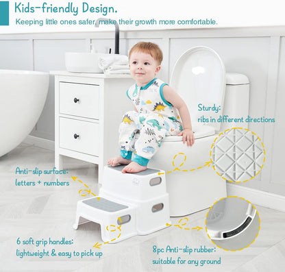 Toddler Step Stool for Bathroom Sink, 2 Step Stool for Kids Toilet Potty Training, Non-Slip Toddlers Baby Child Kid Plastic Poop Stools with Handle for Kitchen Counter Bed (White-Grey)