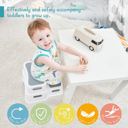 Toddler Step Stool for Bathroom Sink, 2 Step Stool for Kids Toilet Potty Training, Non-Slip Toddlers Baby Child Kid Plastic Poop Stools with Handle for Kitchen Counter Bed (White-Grey)