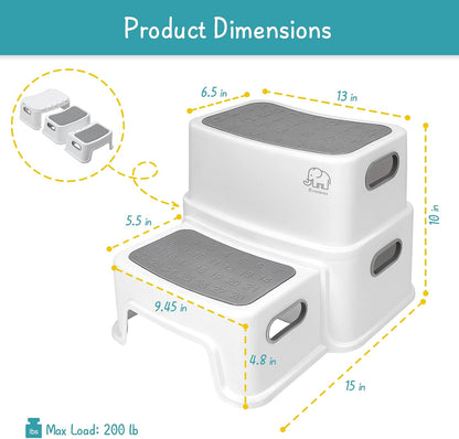 Toddler Step Stool for Bathroom Sink, 2 Step Stool for Kids Toilet Potty Training, Non-Slip Toddlers Baby Child Kid Plastic Poop Stools with Handle for Kitchen Counter Bed (White-Grey)