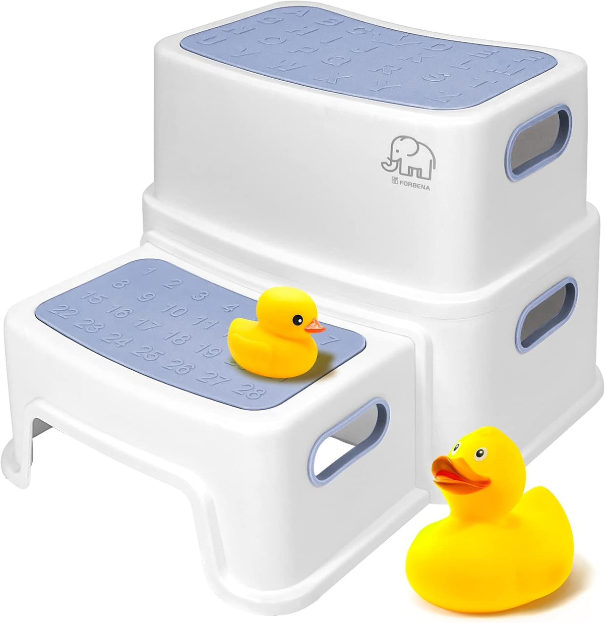 Toddler Step Stool for Bathroom Sink, 2 Step Stool for Kids Toilet Potty Training, Non-Slip Toddlers Baby Child Kid Plastic Poop Stools with Handle for Kitchen Counter Bed (White-Grey)