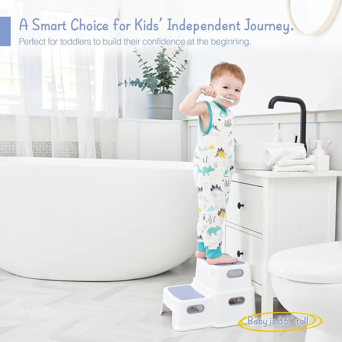 Toddler Step Stool for Bathroom Sink, 2 Step Stool for Kids Toilet Potty Training, Non-Slip Toddlers Baby Child Kid Plastic Poop Stools with Handle for Kitchen Counter Bed (White-Grey)