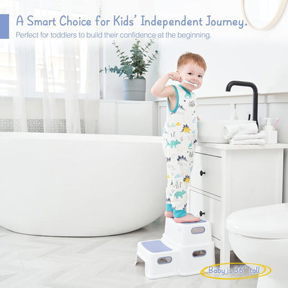 Toddler Step Stool for Bathroom Sink, 2 Step Stool for Kids Toilet Potty Training, Non-Slip Toddlers Baby Child Kid Plastic Poop Stools with Handle for Kitchen Counter Bed (White-Grey)