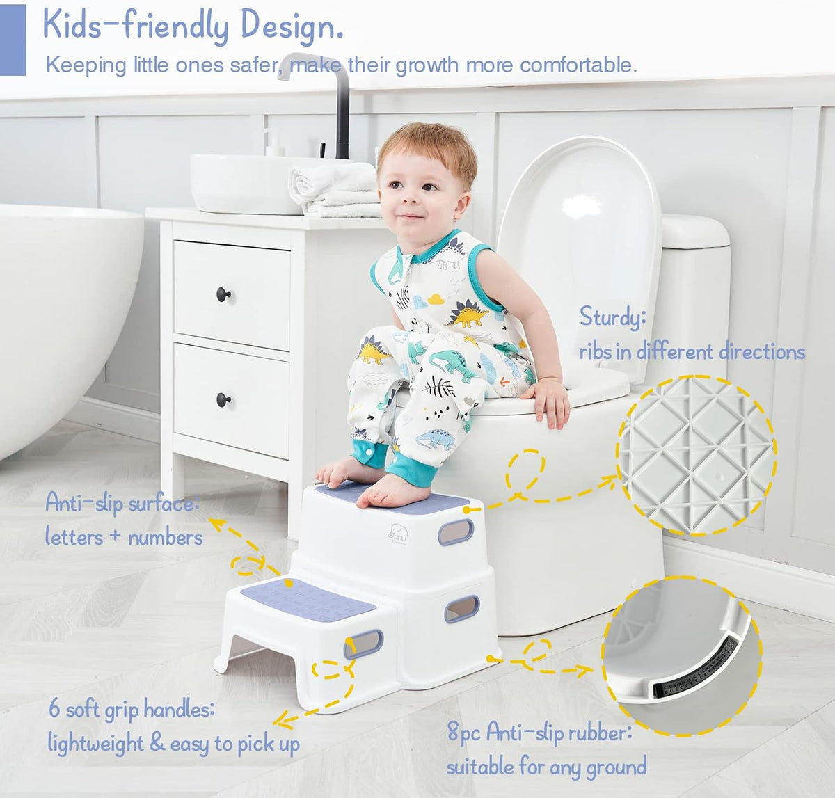 Toddler Step Stool for Bathroom Sink, 2 Step Stool for Kids Toilet Potty Training, Non-Slip Toddlers Baby Child Kid Plastic Poop Stools with Handle for Kitchen Counter Bed (White-Grey)