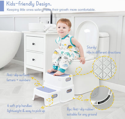 Toddler Step Stool for Bathroom Sink, 2 Step Stool for Kids Toilet Potty Training, Non-Slip Toddlers Baby Child Kid Plastic Poop Stools with Handle for Kitchen Counter Bed (White-Grey)