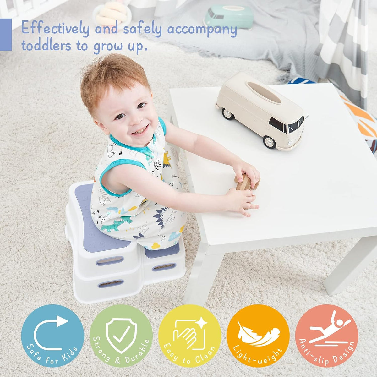 Toddler Step Stool for Bathroom Sink, 2 Step Stool for Kids Toilet Potty Training, Non-Slip Toddlers Baby Child Kid Plastic Poop Stools with Handle for Kitchen Counter Bed (White-Grey)