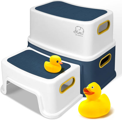 Toddler Step Stool for Bathroom Sink, 2 Step Stool for Kids Toilet Potty Training, Non-Slip Toddlers Baby Child Kid Plastic Poop Stools with Handle for Kitchen Counter Bed (White-Grey)