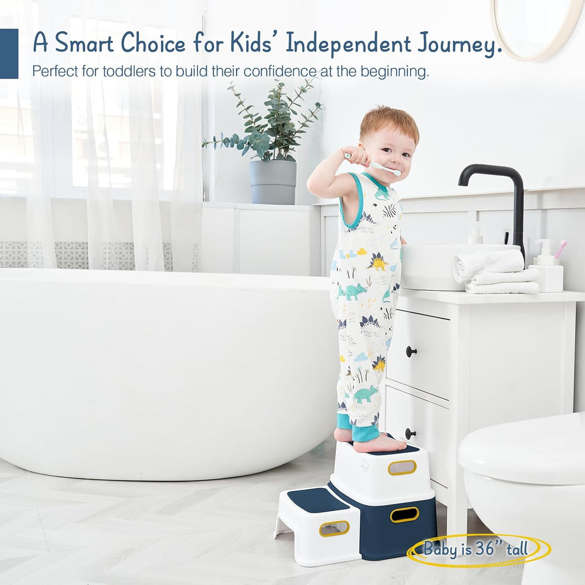Toddler Step Stool for Bathroom Sink, 2 Step Stool for Kids Toilet Potty Training, Non-Slip Toddlers Baby Child Kid Plastic Poop Stools with Handle for Kitchen Counter Bed (White-Grey)