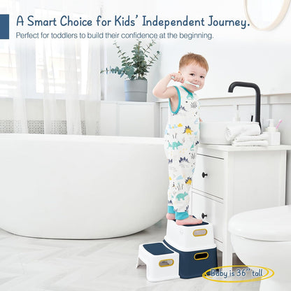 Toddler Step Stool for Bathroom Sink, 2 Step Stool for Kids Toilet Potty Training, Non-Slip Toddlers Baby Child Kid Plastic Poop Stools with Handle for Kitchen Counter Bed (White-Grey)