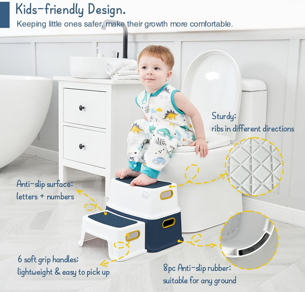 Toddler Step Stool for Bathroom Sink, 2 Step Stool for Kids Toilet Potty Training, Non-Slip Toddlers Baby Child Kid Plastic Poop Stools with Handle for Kitchen Counter Bed (White-Grey)