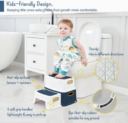 Toddler Step Stool for Bathroom Sink, 2 Step Stool for Kids Toilet Potty Training, Non-Slip Toddlers Baby Child Kid Plastic Poop Stools with Handle for Kitchen Counter Bed (White-Grey)