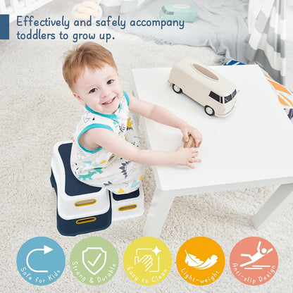Toddler Step Stool for Bathroom Sink, 2 Step Stool for Kids Toilet Potty Training, Non-Slip Toddlers Baby Child Kid Plastic Poop Stools with Handle for Kitchen Counter Bed (White-Grey)