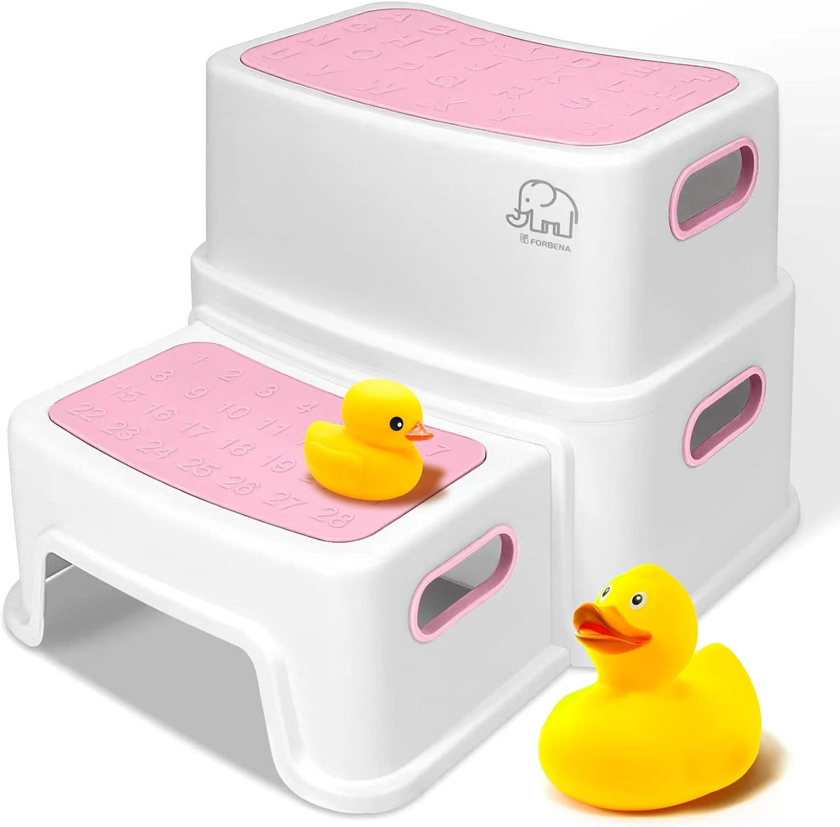 Toddler Step Stool for Bathroom Sink, 2 Step Stool for Kids Toilet Potty Training, Non-Slip Toddlers Baby Child Kid Plastic Poop Stools with Handle for Kitchen Counter Bed (White-Grey)