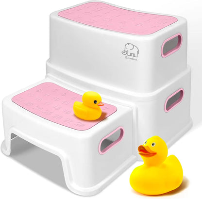 Toddler Step Stool for Bathroom Sink, 2 Step Stool for Kids Toilet Potty Training, Non-Slip Toddlers Baby Child Kid Plastic Poop Stools with Handle for Kitchen Counter Bed (White-Grey)