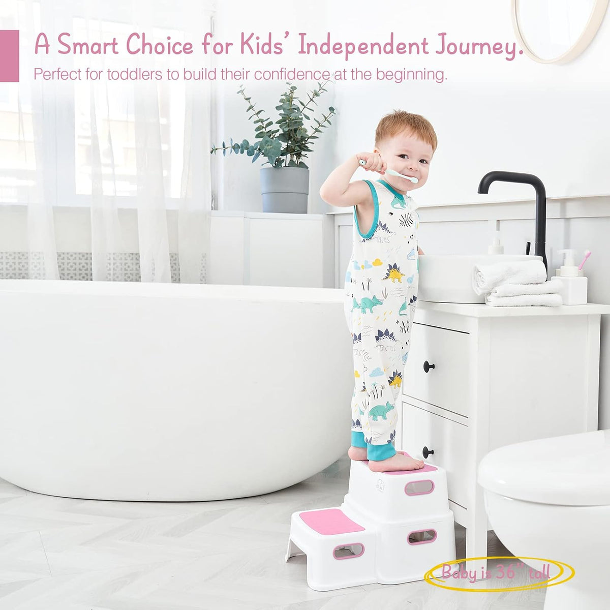 Toddler Step Stool for Bathroom Sink, 2 Step Stool for Kids Toilet Potty Training, Non-Slip Toddlers Baby Child Kid Plastic Poop Stools with Handle for Kitchen Counter Bed (White-Grey)