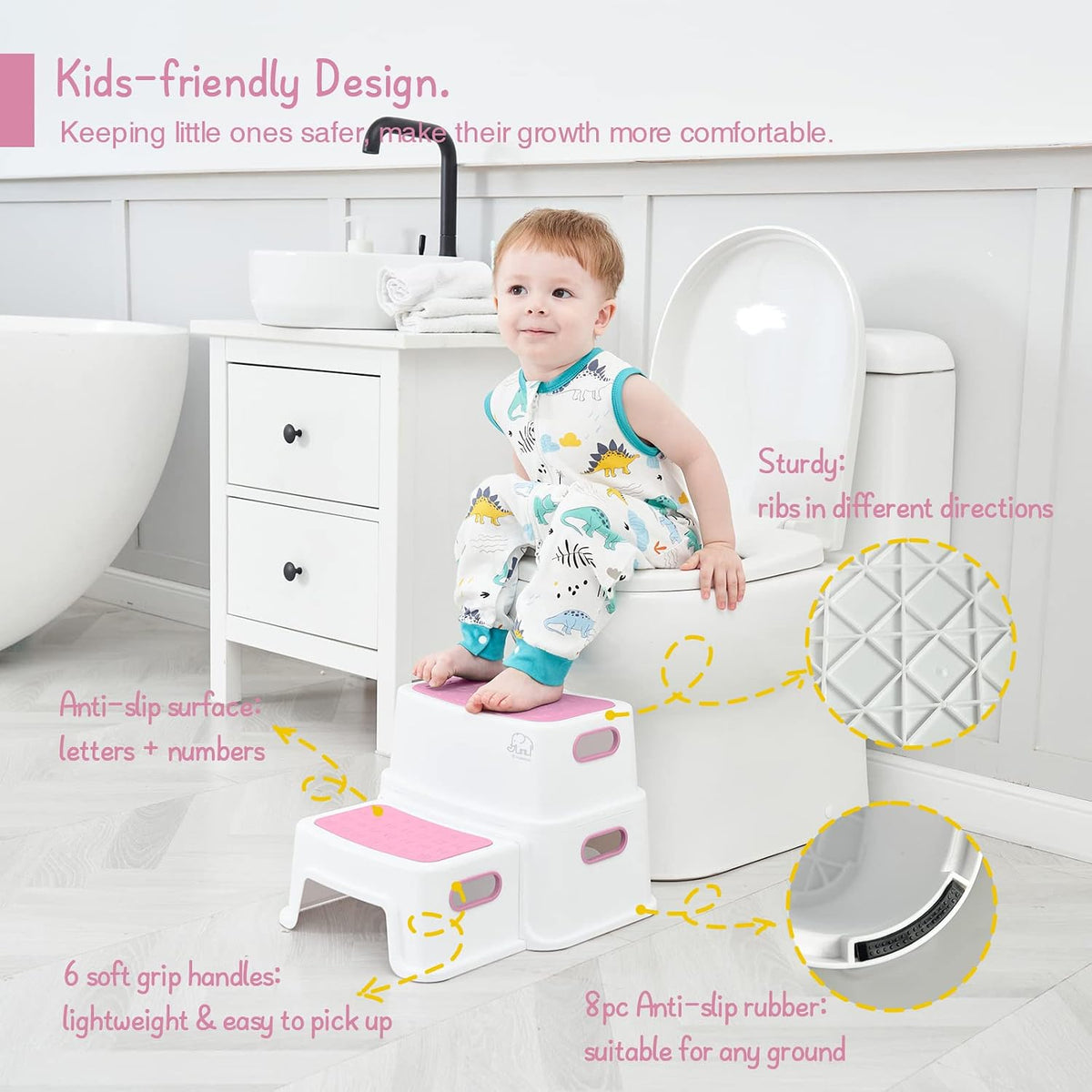 Toddler Step Stool for Bathroom Sink, 2 Step Stool for Kids Toilet Potty Training, Non-Slip Toddlers Baby Child Kid Plastic Poop Stools with Handle for Kitchen Counter Bed (White-Grey)