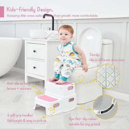 Toddler Step Stool for Bathroom Sink, 2 Step Stool for Kids Toilet Potty Training, Non-Slip Toddlers Baby Child Kid Plastic Poop Stools with Handle for Kitchen Counter Bed (White-Grey)