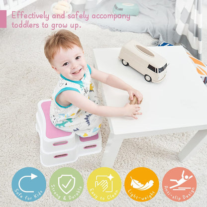 Toddler Step Stool for Bathroom Sink, 2 Step Stool for Kids Toilet Potty Training, Non-Slip Toddlers Baby Child Kid Plastic Poop Stools with Handle for Kitchen Counter Bed (White-Grey)