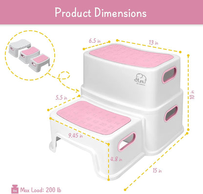 Toddler Step Stool for Bathroom Sink, 2 Step Stool for Kids Toilet Potty Training, Non-Slip Toddlers Baby Child Kid Plastic Poop Stools with Handle for Kitchen Counter Bed (White-Grey)