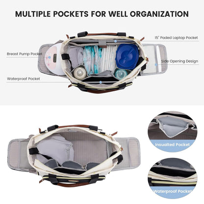 Diaper Bag Set, 3-Piece Set with Laptop Pocket, Cooler Bag & Changing Pad, Fits Most Breast Pumps, Grey, 15.7" x 8" x 11", For Mothers, Newborn - 3 Years