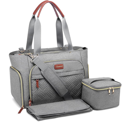 Diaper Bag Set, 3-Piece Set with Laptop Pocket, Cooler Bag & Changing Pad, Fits Most Breast Pumps, Grey, 15.7" x 8" x 11", For Mothers, Newborn - 3 Years