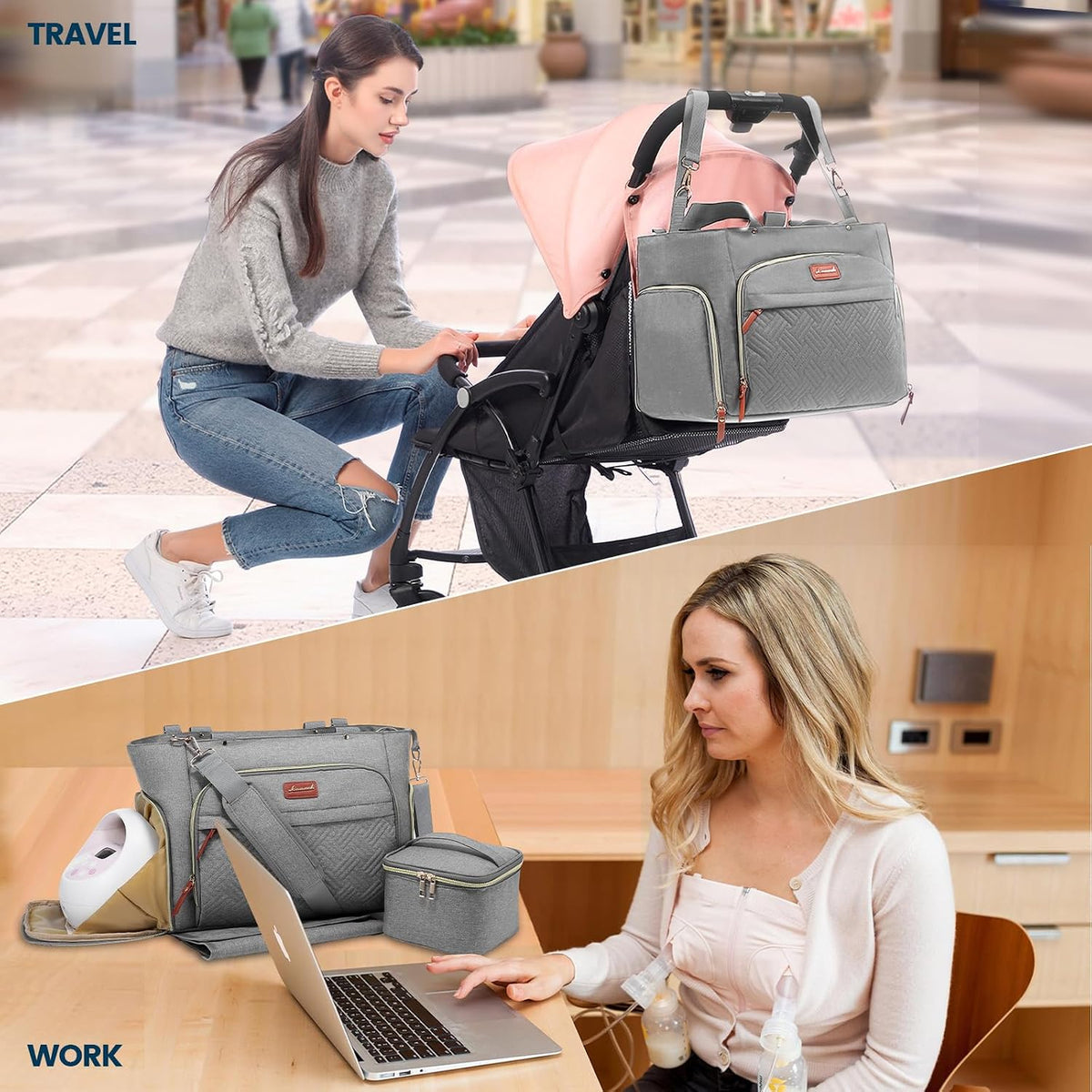 Diaper Bag Set, 3-Piece Set with Laptop Pocket, Cooler Bag & Changing Pad, Fits Most Breast Pumps, Grey, 15.7" x 8" x 11", For Mothers, Newborn - 3 Years