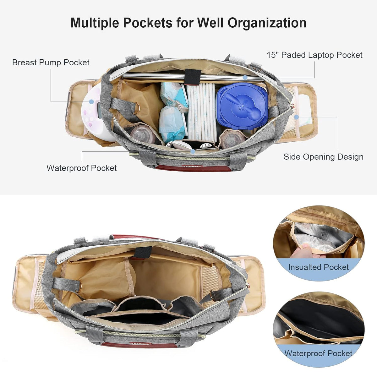 Diaper Bag Set, 3-Piece Set with Laptop Pocket, Cooler Bag & Changing Pad, Fits Most Breast Pumps, Grey, 15.7" x 8" x 11", For Mothers, Newborn - 3 Years