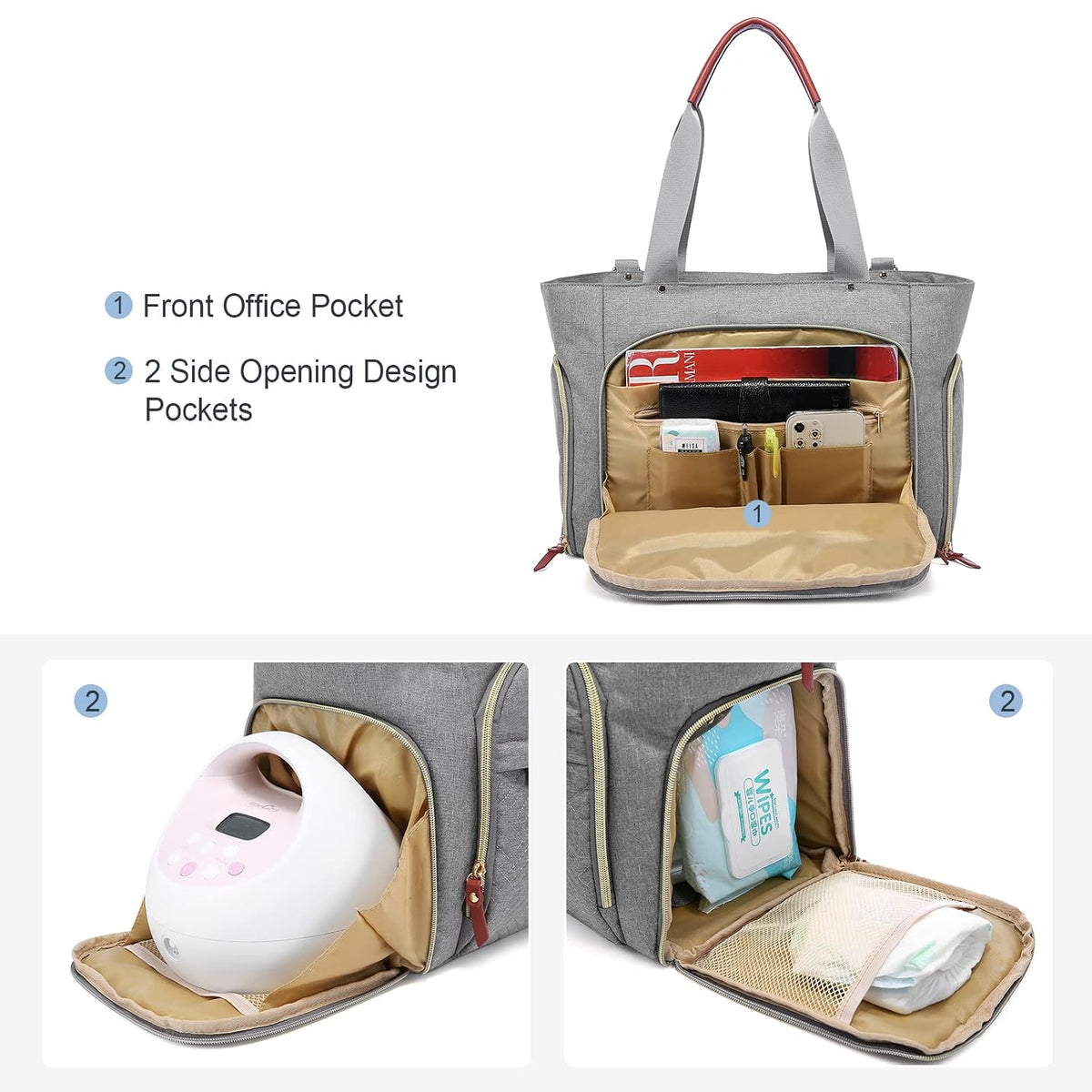 Diaper Bag Set, 3-Piece Set with Laptop Pocket, Cooler Bag & Changing Pad, Fits Most Breast Pumps, Grey, 15.7" x 8" x 11", For Mothers, Newborn - 3 Years
