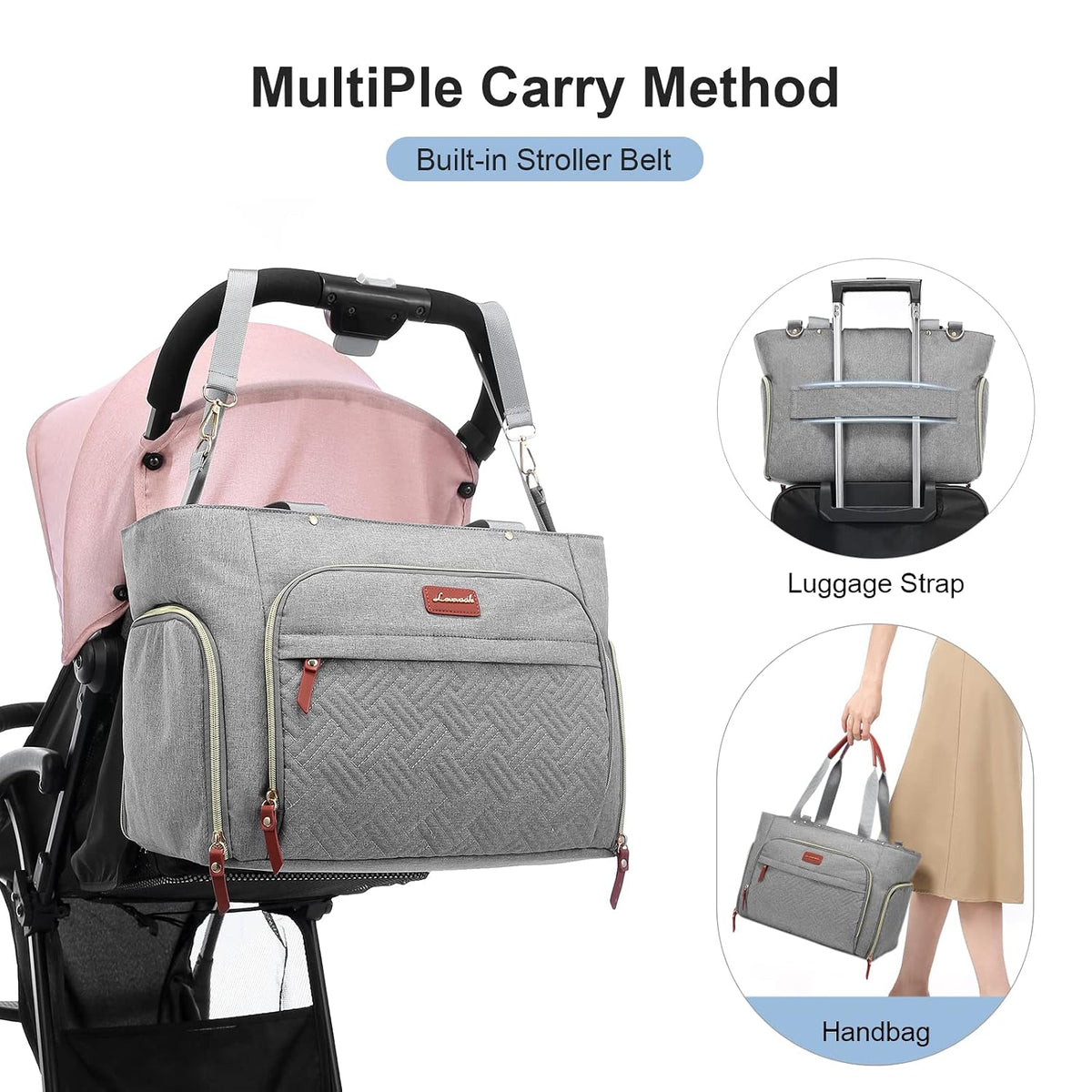 Diaper Bag Set, 3-Piece Set with Laptop Pocket, Cooler Bag & Changing Pad, Fits Most Breast Pumps, Grey, 15.7" x 8" x 11", For Mothers, Newborn - 3 Years