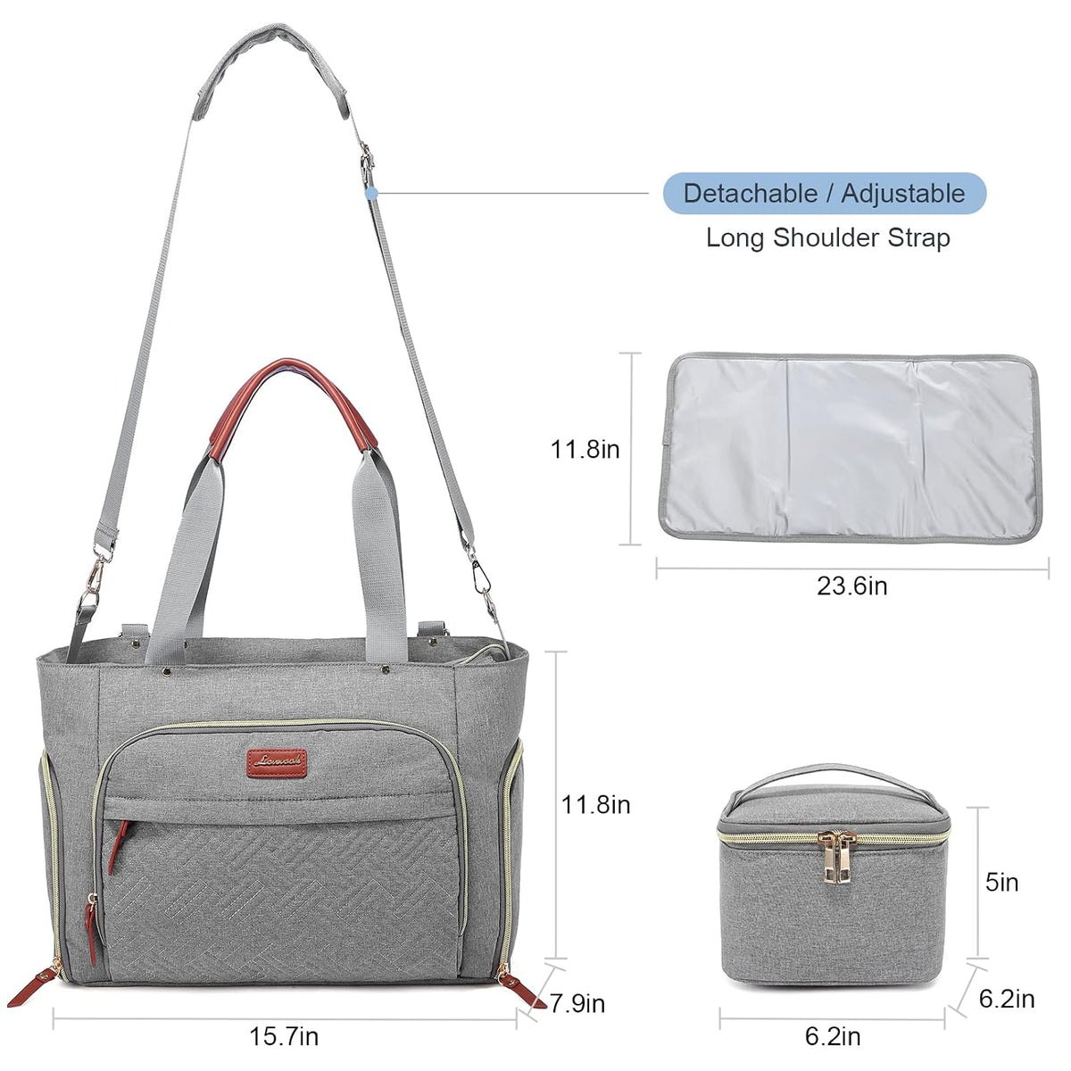 Diaper Bag Set, 3-Piece Set with Laptop Pocket, Cooler Bag & Changing Pad, Fits Most Breast Pumps, Grey, 15.7" x 8" x 11", For Mothers, Newborn - 3 Years