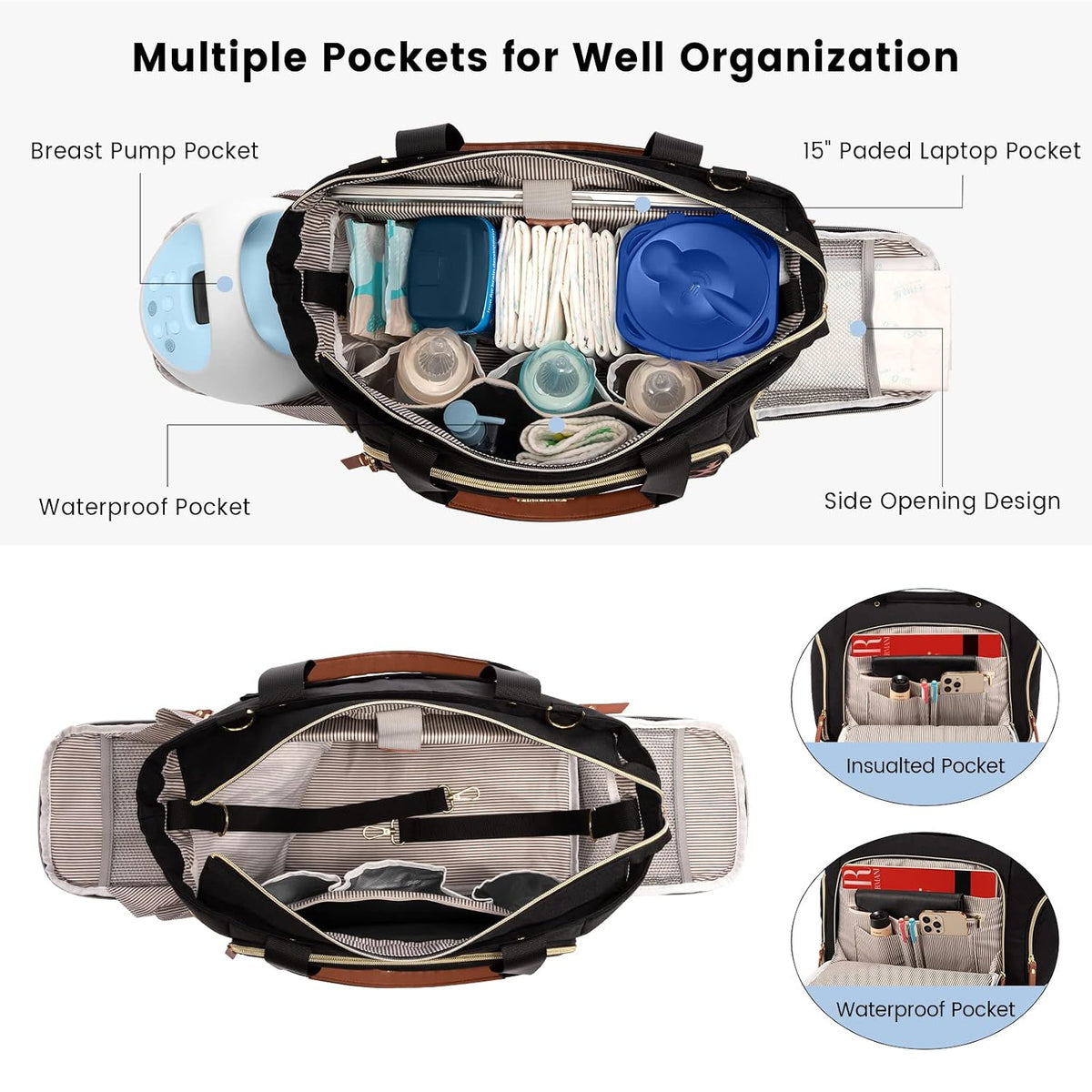 Diaper Bag Set, 3-Piece Set with Laptop Pocket, Cooler Bag & Changing Pad, Fits Most Breast Pumps, Grey, 15.7" x 8" x 11", For Mothers, Newborn - 3 Years