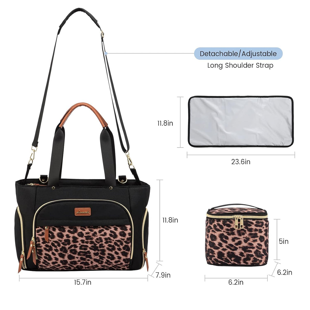 Diaper Bag Set, 3-Piece Set with Laptop Pocket, Cooler Bag & Changing Pad, Fits Most Breast Pumps, Grey, 15.7" x 8" x 11", For Mothers, Newborn - 3 Years