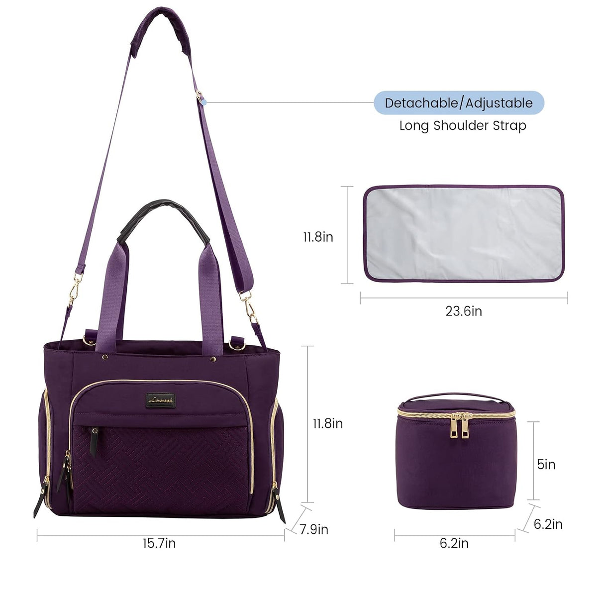 Diaper Bag Set, 3-Piece Set with Laptop Pocket, Cooler Bag & Changing Pad, Fits Most Breast Pumps, Grey, 15.7" x 8" x 11", For Mothers, Newborn - 3 Years