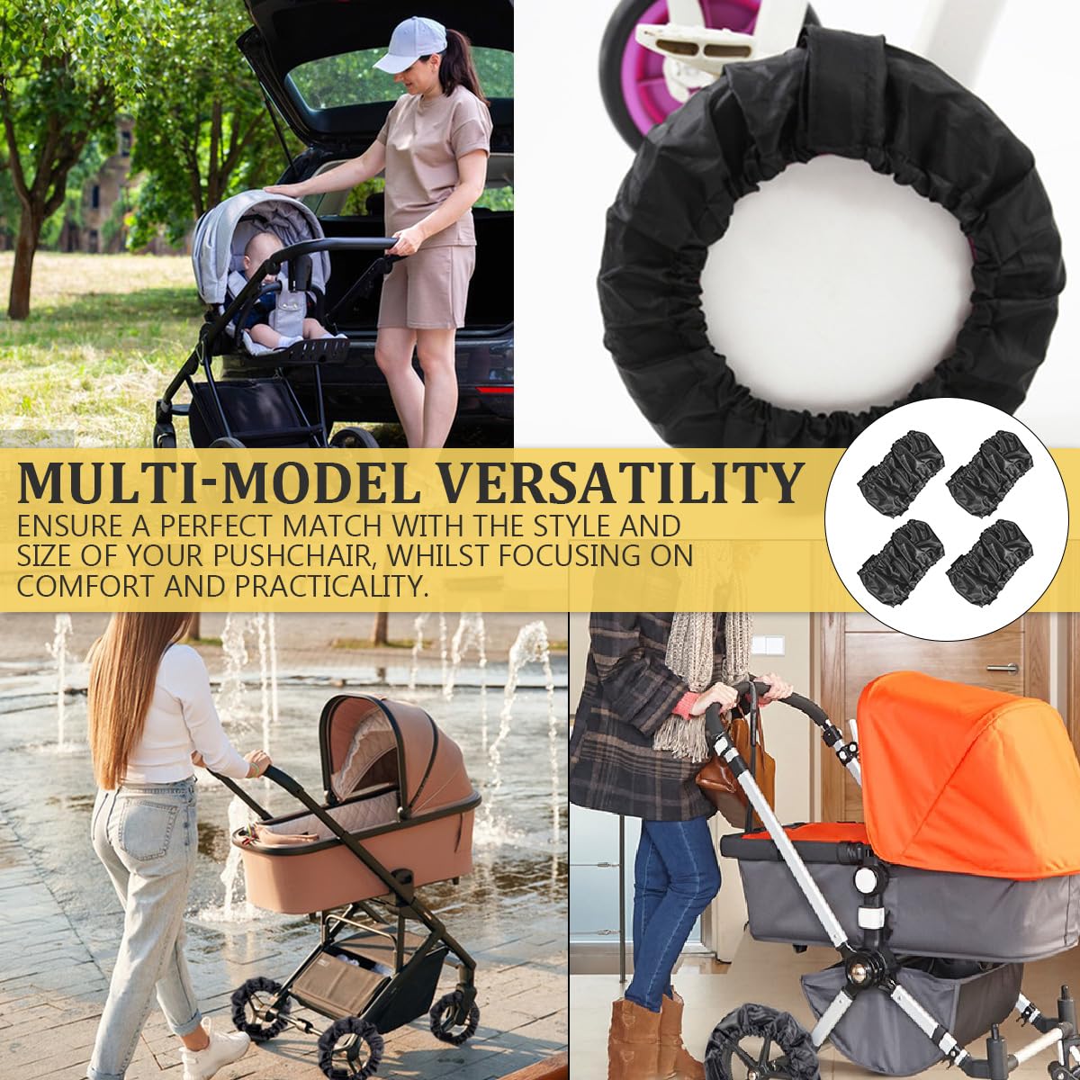 DOERDO 4Pcs Baby Stroller Wheel Cover Protection Covers for Baby Stroller Wheelchair, Black, Small