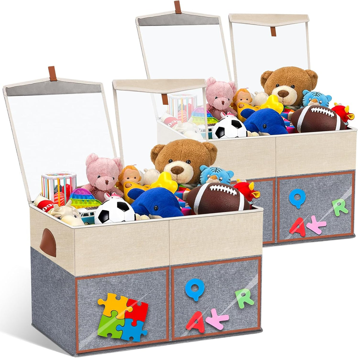 2 Pack Large Toy Storage Box with Clear Lids Collapsible Toys Chest Organizer Bin Basket with Adjustable Dividers for Kids Boys Girls Living Room Nursery Playroom Closet Beige and Grey