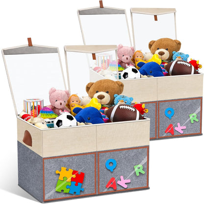 2 Pack Large Toy Storage Box with Clear Lids Collapsible Toys Chest Organizer Bin Basket with Adjustable Dividers for Kids Boys Girls Living Room Nursery Playroom Closet Beige and Grey