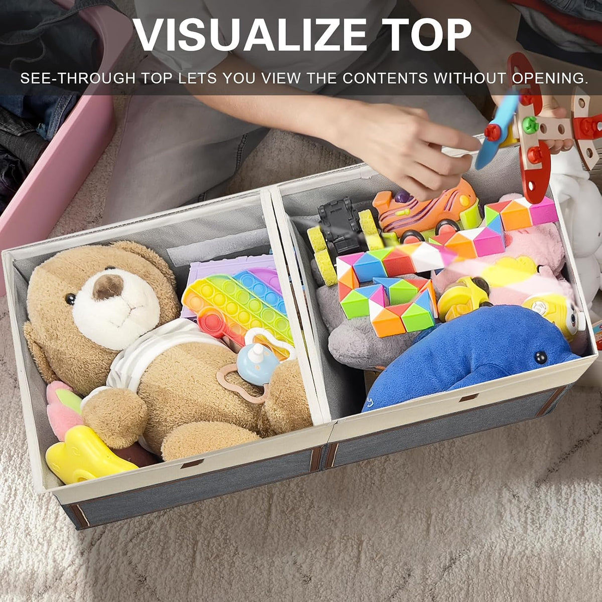 2 Pack Large Toy Storage Box with Clear Lids Collapsible Toys Chest Organizer Bin Basket with Adjustable Dividers for Kids Boys Girls Living Room Nursery Playroom Closet Beige and Grey