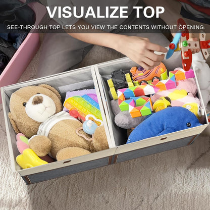2 Pack Large Toy Storage Box with Clear Lids Collapsible Toys Chest Organizer Bin Basket with Adjustable Dividers for Kids Boys Girls Living Room Nursery Playroom Closet Beige and Grey