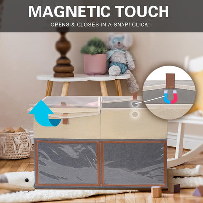 2 Pack Large Toy Storage Box with Clear Lids Collapsible Toys Chest Organizer Bin Basket with Adjustable Dividers for Kids Boys Girls Living Room Nursery Playroom Closet Beige and Grey