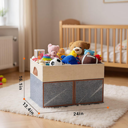 2 Pack Large Toy Storage Box with Clear Lids Collapsible Toys Chest Organizer Bin Basket with Adjustable Dividers for Kids Boys Girls Living Room Nursery Playroom Closet Beige and Grey