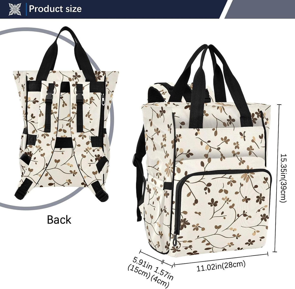 Diaper Bag Backpack, Multifunction Travel Bag for Moms Dads, Baby Changing Bag with Insulted Pockets, Stroller Straps and Side Bottle Pockets Brown Floral Pattern