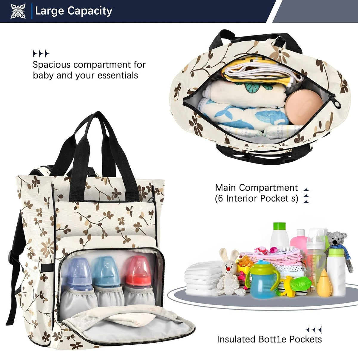 Diaper Bag Backpack, Multifunction Travel Bag for Moms Dads, Baby Changing Bag with Insulted Pockets, Stroller Straps and Side Bottle Pockets Brown Floral Pattern