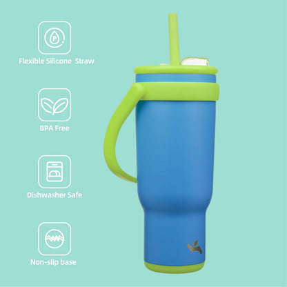 30 oz Tumbler with Handle and Straw, Insulated Travel Mug | Lime; BPA-free, spill-resistant tumbler with 2 straws and 2-in-1 lid for coffee, office, travel & daily use